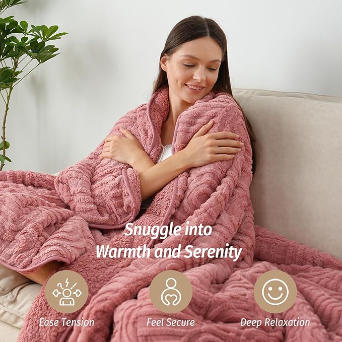 Wemore Jacquard Fleece Weighted Blanket Queen Size 60" x 80" 15lbs, Ultra Soft Cozy Sherpa Weighted Blankets for Adults, Ultra Fuzzy Heavy Blanket for Sleep, Fluffy Warm Throw for Bed, Apricot Pink