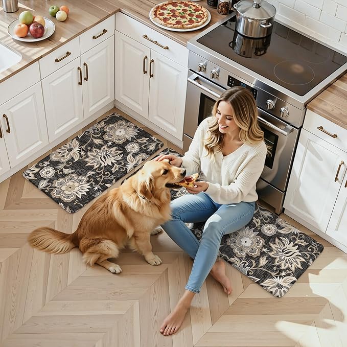 LEEVAN Anti Fatigue Mats for Kitchen Floor 2 Piece,Cushioned Memory Foam Black Kitchen Mats for Floor,Comfort Floral Boho Non Slip Kitchen Floor Mat for Sink,Laundry,Office(20"x31"+20"x47")