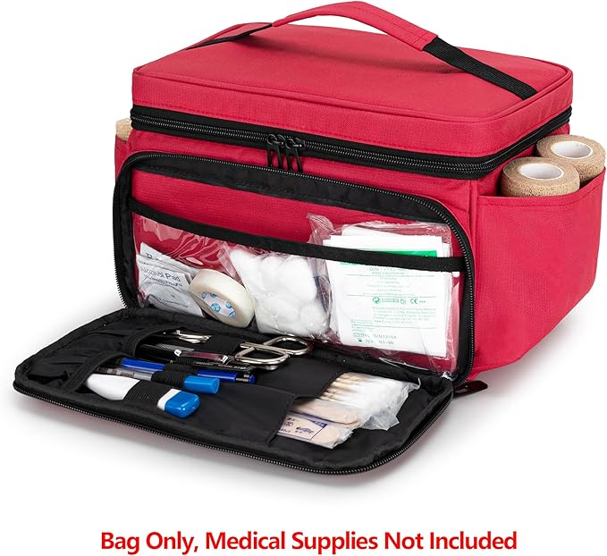 CURMIO Small Medicine Storage Bag Empty, Family First Aid Box, Pill Bottle Organizer for Emergency Medical Supplies, Red (Bag Only, Patent Pending)