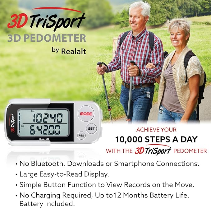 Realalt 3DTriSport 3D Walking Pedometer with Clip & Strap, Accurate Step Counter with 30-Day Memory, Distance in Miles/KM with Large Display Perfect for Seniors & Beginners, eBook Included