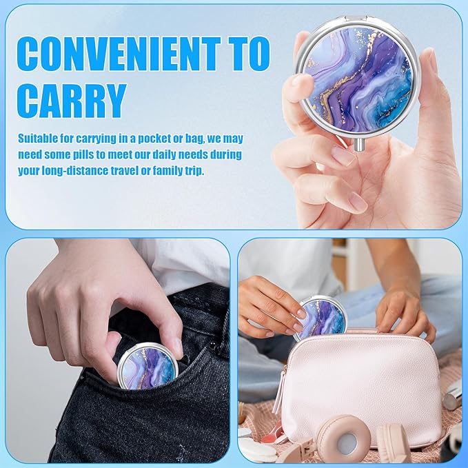 Pill Box, 3 Compartments Small Pill Case Travel Portable Metal Medicine Box with Mirror Mini Container for Purse Pocket Women Men(Purple Blue Marble)