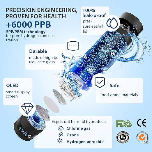 Hydrogen Water Bottle Generator – Portable Hydrogen Water Machine, Up to 6000 PPB | SPE/PEM Certified H₂ Tech | Hydrogen-Rich Water for Energy & Hydration | Healthy Gift for Family & Friends (Silver)