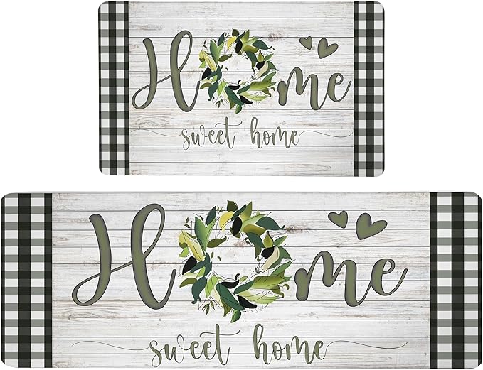 Qahing Farmhouse Kitchen Rugs Mats Sets of 2 Cushioned Anti Fatigue Kitchen Mats for Floor Spring Non Slip Memory Foam Kitchen Floor Mats Waterproof Comfort Standing Mats for Sink, 17.3"x28"+17.3"x47"