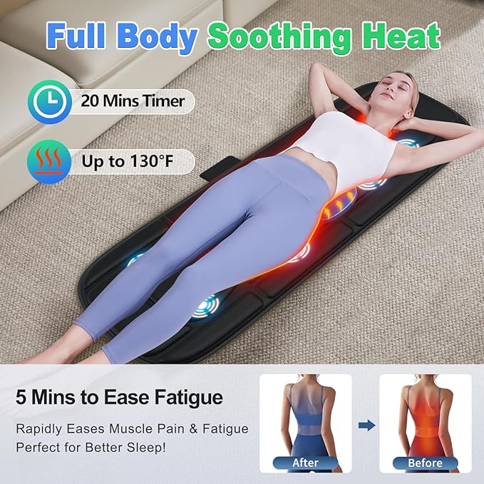 Vibration Massage Mat with Heat, Full Back Heating & Lumbar Traction, Back Massage Chair Pad for Seniors, Office Workers, 3 Intensities & 2 Heat Levels, Fatigue & Pain Relief in Office, Home
