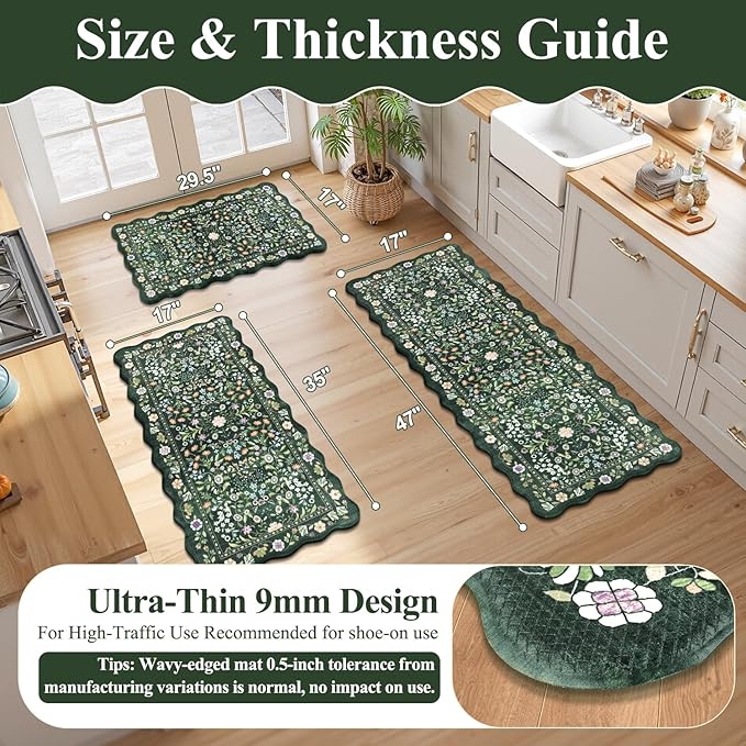 Yamaziot Anti Fatigue Kitchen Rugs Set of 3 - Boho Non Slip Waterproof Kitchen Mats for Floor, Boho Runner Rug for Kitchen Floor, Laundry, Office, 17.3"x29"+17.3"x35"+17.3"x47", Green & Black