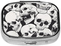 Pill Box-2 Compartment Small Pill Case Square Organizer Case with Mirror Portable Metal Medicine Box Travel Container for Pocket & Purse Women Men（Halloween Skull）