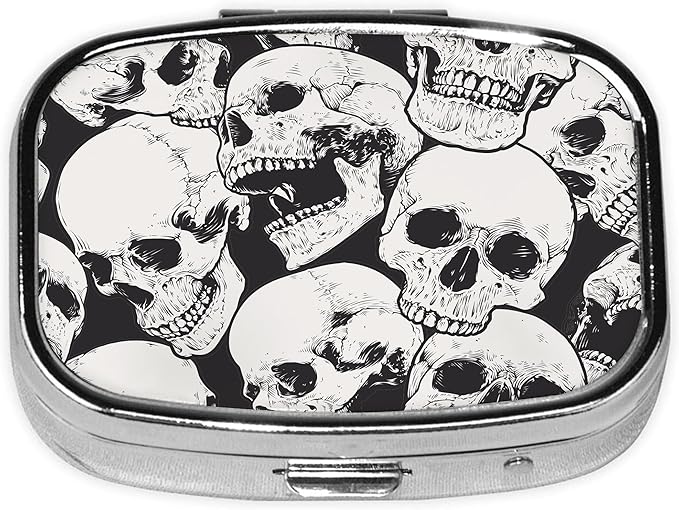 Pill Box-2 Compartment Small Pill Case Square Organizer Case with Mirror Portable Metal Medicine Box Travel Container for Pocket & Purse Women Men（Halloween Skull）