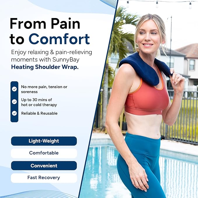 SunnyBay Shoulder and Upper Back Heating Pad, Microwavable Cold or Heated Neck and Shoulder Wrap, Weighted Moist Pain Relief Pack with Washable Cover and Flaxseed Filling, Large, Midnight Blue