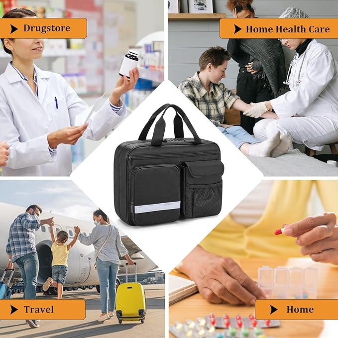 Damero Locking Pill Bottle Organizer, Medicine Storage Bag Medication Organizer Travel Carrying Case for Large Pill Bottles, Medications and Medical Supplies,Black