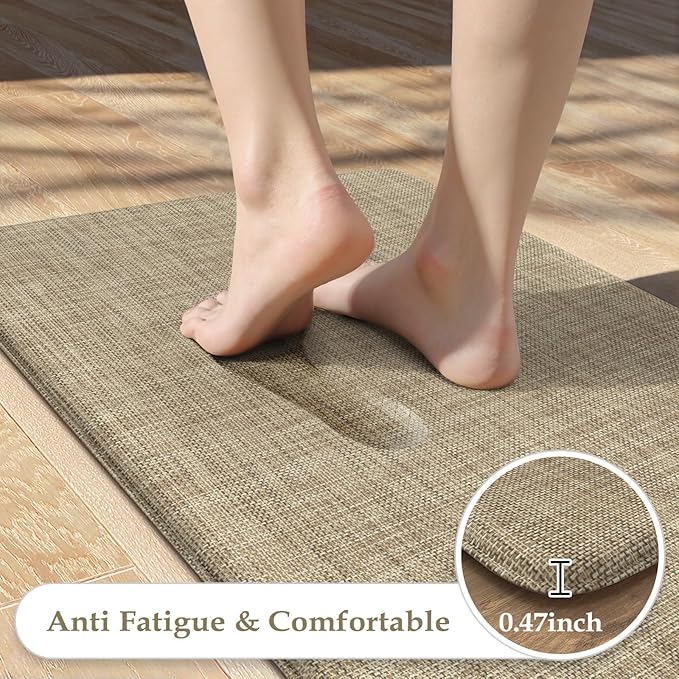 KIMODE Kitchen Mat for Floor Anti Fatigue, 20"x47"+20"x32" Farmhouse Kitchen Rugs Sets of 2, Cushioned Kitchen Floor Mat, Comfort Textilene Standing Mat for Laundry Office Sink Desk Light Brown