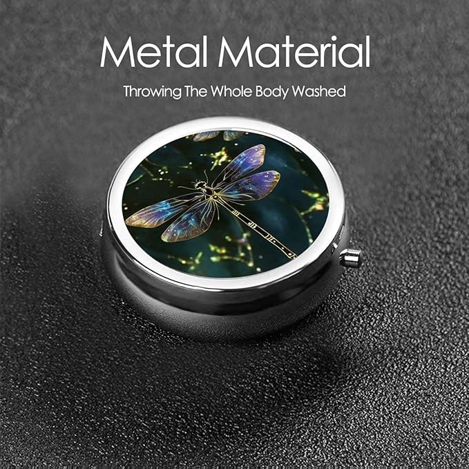 Pill Box 3 Compartment Round Small Pill Case Travel Pillbox for Purse Pocket Dragonfly Metal Medicine Organizer Portable Pill Container Holder to Hold Vitamins MedicationSupplements, Black