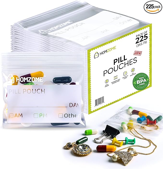 Pill Bags 6 mil - Pack of 225- BPA Free 3x2.75 inches Reusable pill pouches for medicine with Write on Label Clear Small ziplock bags for pills, Jewelry and Travel Pill Organizer (Pack of 225)