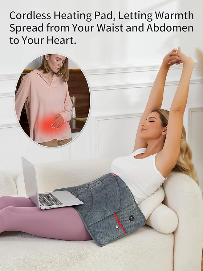 Portable Heating Pad with Battery, Weighted Heating Pad with 3 Heat Levels, Electric Cordless Heat Pad for Back, Neck, Shoulder, Abdomen, Leg, 12"x24", Indoor & Outdoor Travel, Gifts for Women Men
