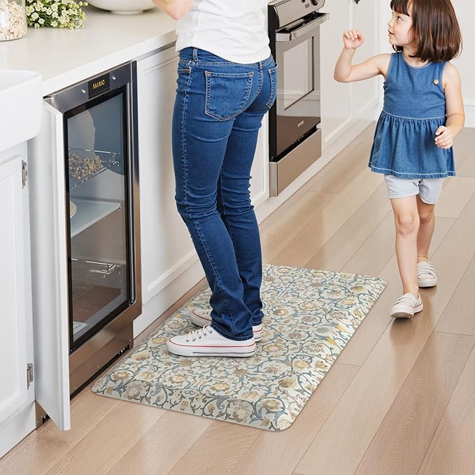KIMODE Anti Fatigue Mats for Kitchen Floor Non Slip,Farmhouse Floral Sink Rug Waterproof for Laundry,Extra Thick Memory Foam Ergonomic Cushioned Carpet for Office,Yellow/Blue