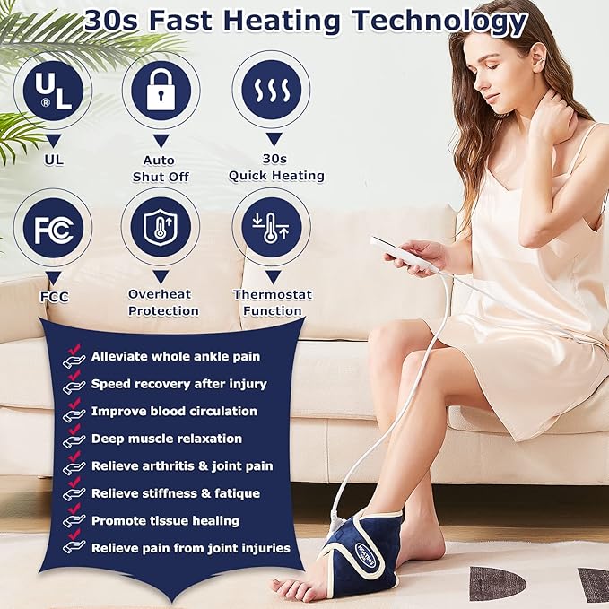 CAMECO Electric Ankle Heating Pad for Achilles Tendinitis Pain Relief, 30s Quick Heating & 86℉-158℉ Heated Ankle Brace for Women Men Home Office, Ankle Heat Wrap for Arthritis Swelling
