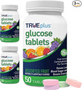 TRUEplus Glucose Tablets, Chewable, Grape, Raspberry, Orange Flavors, 15g Fast-Acting Carbohydrates, Fat Free, Gluten Free, Raise Low Blood Sugar and Boost Energy, 50 Count
