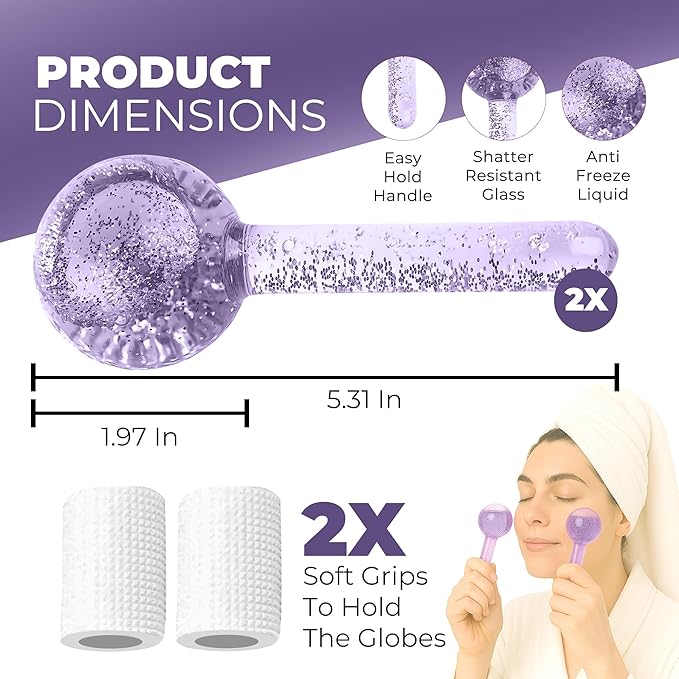 Ice Globes for Face 2Pcs – Freezer Safe Ice Globes for Facials, Skin Tightening & Anti-Aging – Reusable Facial IceGlobes for Puffiness & Wrinkles of Face, Neck & Eyes –Purple