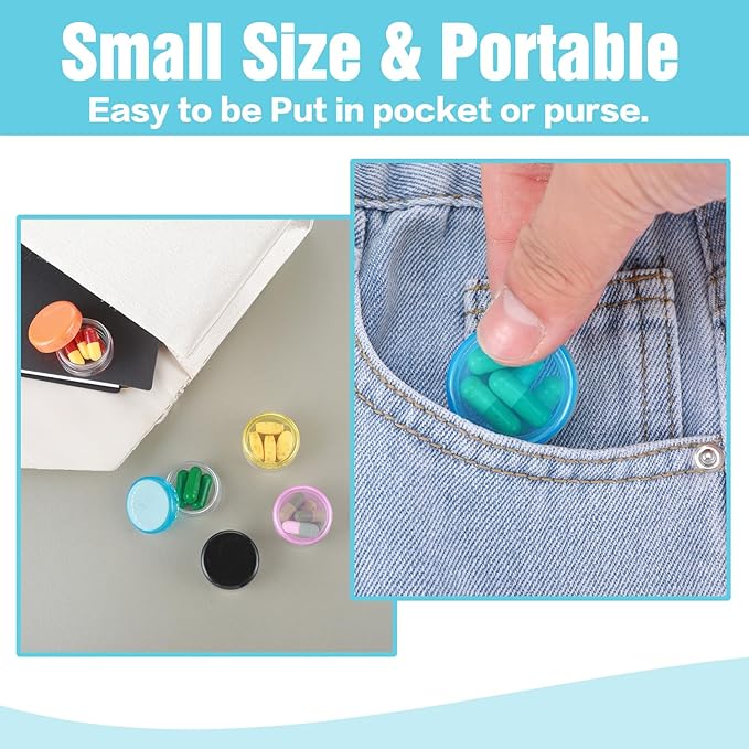 12Pcs Small Pill Box, Portable Travel Mini Pill Organizer Box Daily Medicine Case Holder for Pocket Purse Briefcase Cod Liver Oil Storage Container (Black/Purple/Orange/Blue/Yellow/Pink)