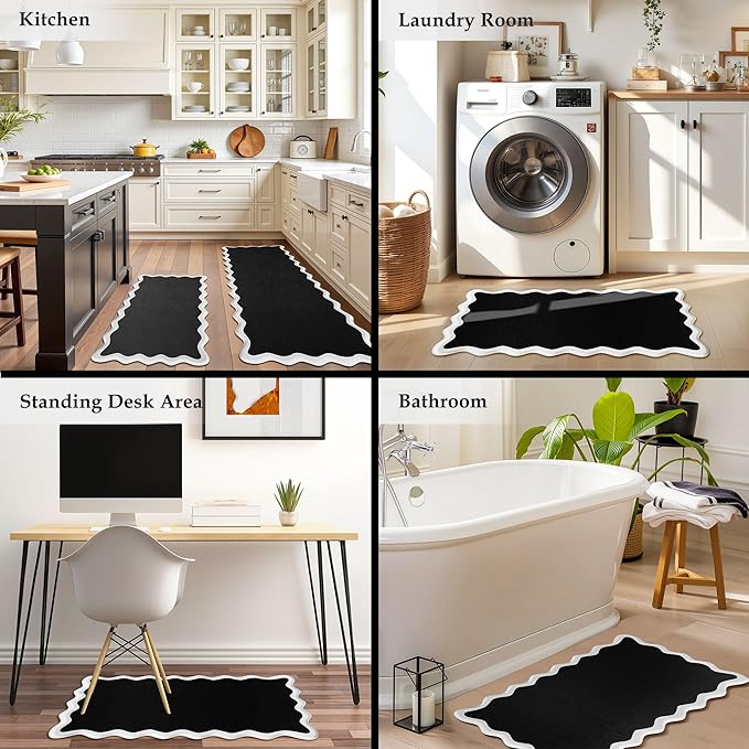 Scalloped Black White Kitchen Mats Rugs Sets of 2 Cushioned Anti Fatigue Floor Mat Waterproof Kitchen Rugs Non Slip Foam Comfort Standing Mat for Sink Laundry