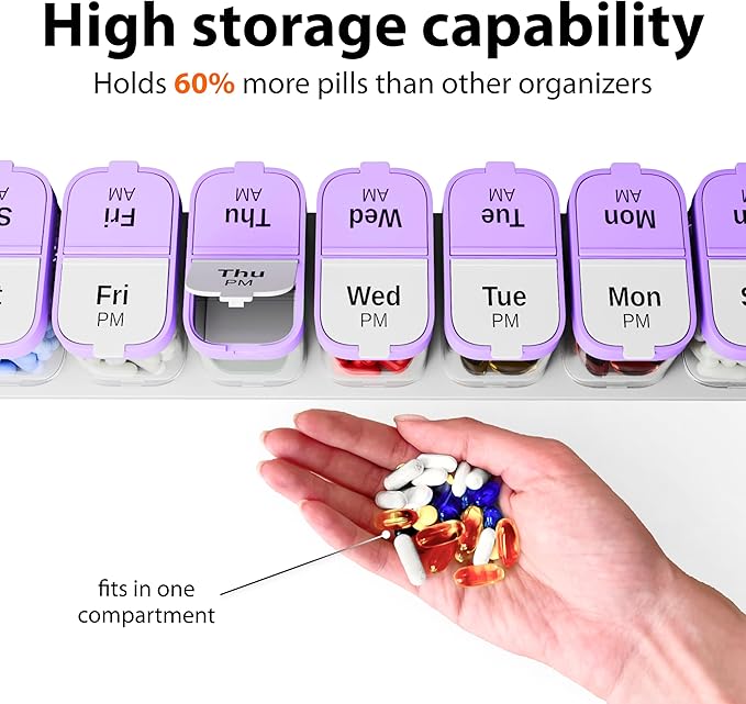 Extra Large Weekly Pill Organizer - XL Vitamin Holder with 7 Detachable AM PM Compartments - Portable Medicine Dispenser for Home and Travel, Big Supplement Container for Weekly or Daily Use, Purple