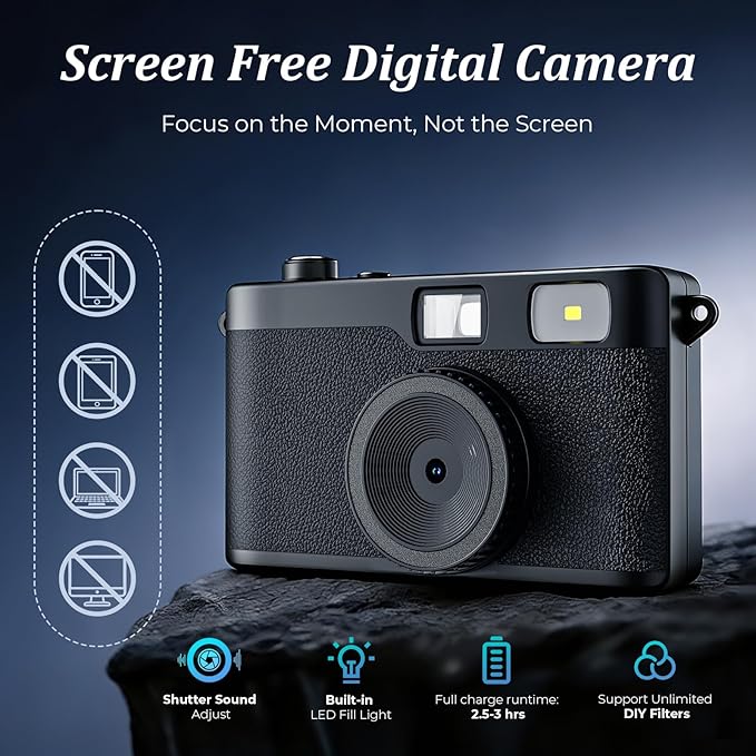 Screen Free Digital Camera, Reusable 12MP Vintage Digital Camera with Unlimited DIY Filters, OTG Support and Flash Light for Summer Camp with 32GB Micro SD Card, OTG Adapter and Type-C Cable（Black）