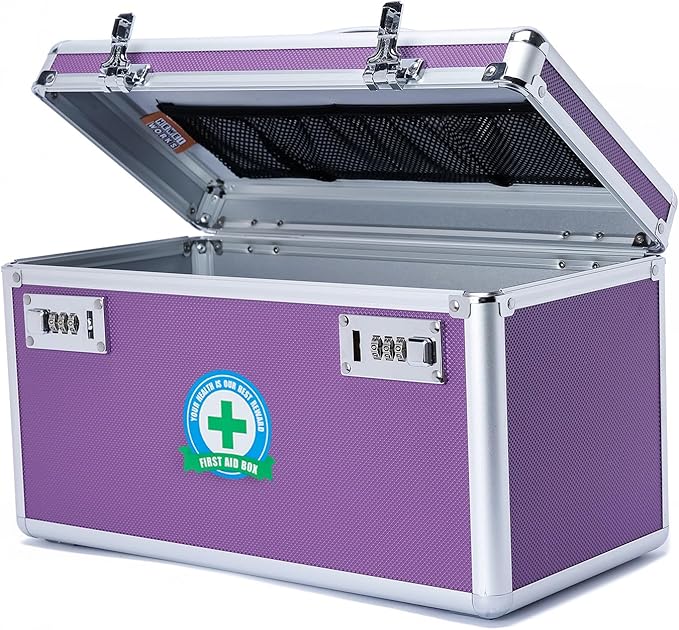 Locking Box with Portable Storage Case, 14.2''x 7.2''x 8.2''，Childproof Medication Lock Organizer, Lockbox for Documents，Medicine & Valuables (Purple/Large)