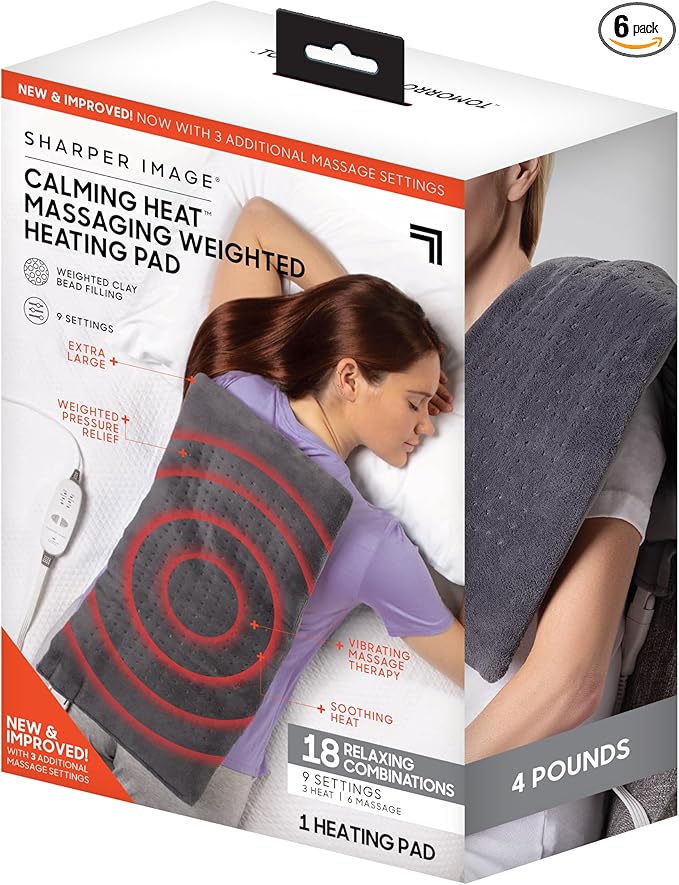 Calming Heat Massaging Vibrations Weighted Heating Pad by Sharper Image | Temperature Settings,Auto Shut-Off Feature,Gift for Holidays,Women & Men | 3 Heat,6 Massage,12” x 24”,4 lbs,(Pack of 6)