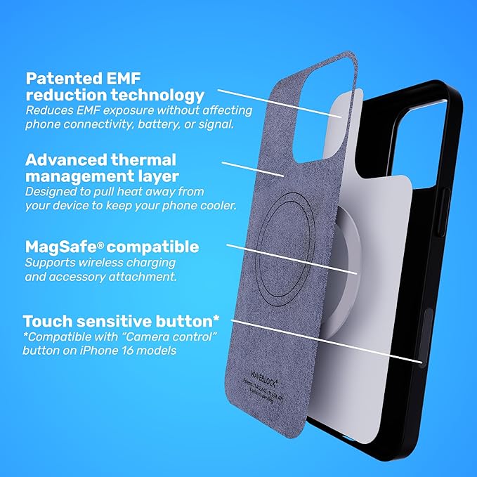 WAVEBLOCK EMF Protection Silicone iPhone Case, Radiation Blocker Cell Phone Case, 5G Shield Reduction, Lightweight, USA Patented and Tested in FCC Lab, iPhone 16 Pro Max Black