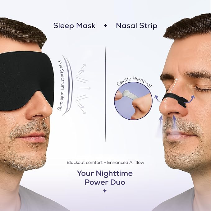 Sleep Mask & Nasal Strips Bundle | Soft Light-Blocking Eye Mask + 50 Drug-Free Nasal Strips for Snoring Relief | Comfortable Fit | Breathe Easier | Sleep Better | Black