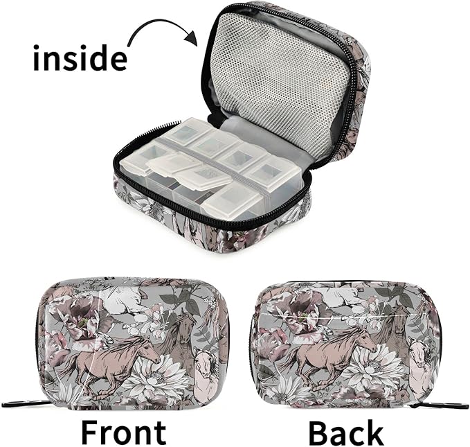 Fustylead Running Horses and Flowers Travel Pill Organizer Case Zipper for Purse with Removable Weekly Pill Box for Medicine, Vitamin, Supplement Medicine Organizer