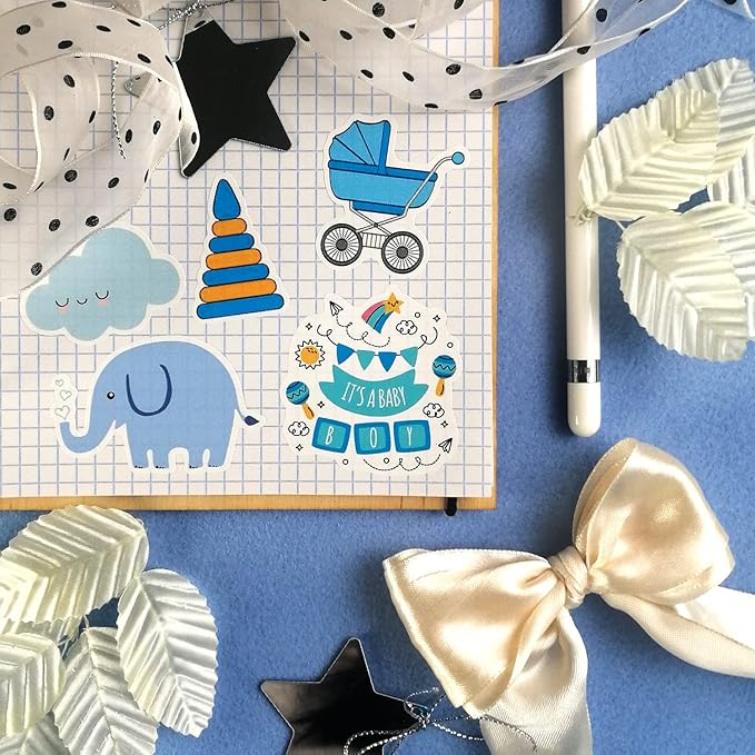 BulbaCraft 100Pcs Boy Stickers for Shower, Newborn Stickers, Shower Favors for Boys, Elephant Decals, Gifts for Women & Men