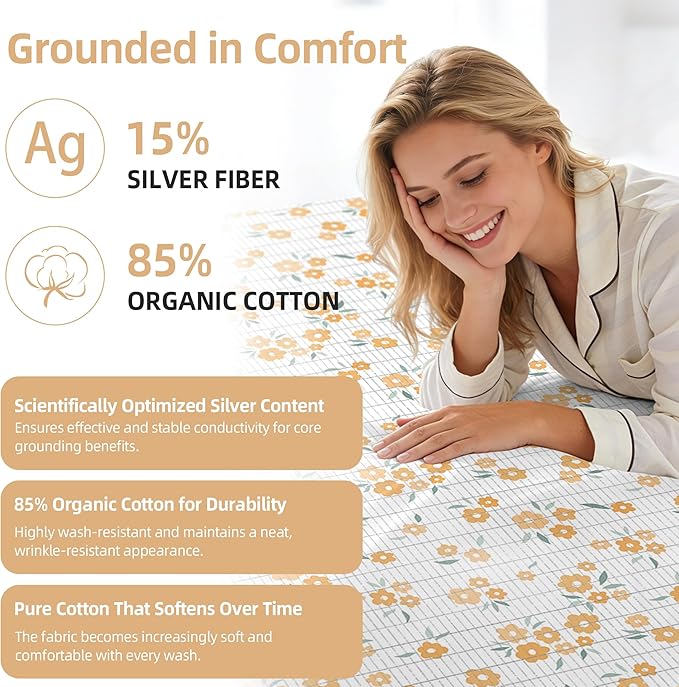 Grounding Sheets Queen Orange Floral - 15% Pure Silver + 85% Organic Cotton Fitted Bed Sheet for Earthing - 400 Thread Count Deep Pocket Grounded Bedsheet - Improved Sleep Down to Earth Ground Bedding