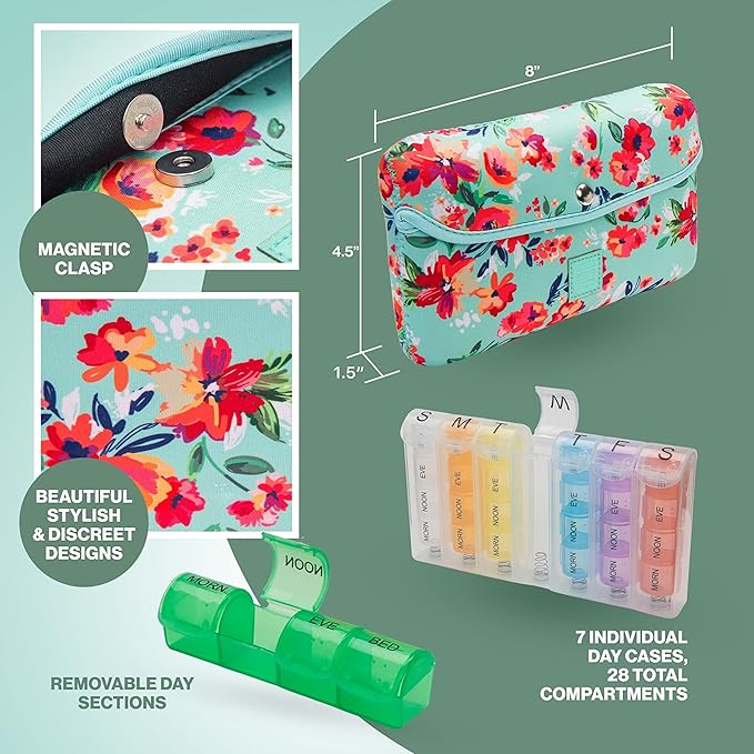 Made Easy Kit Pill Case Large 7-Day / 28 Compartments in Neoprene Carrier with Storage Pill Box in Daily in Morn, NOON, EVE, Bed a Weekly Vitamin, Medicine, Capsule Organization (Khaki Desert Cactus)