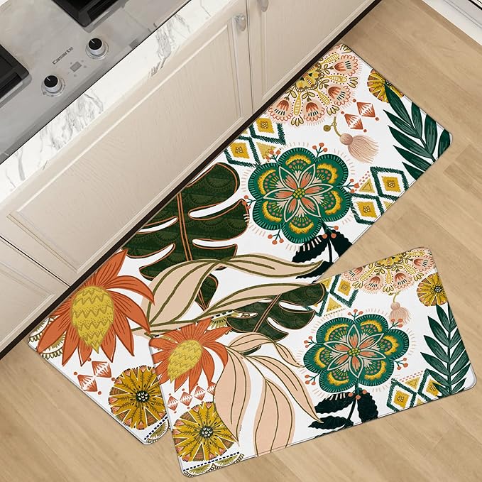 Boho Floral Kitchen Rugs Sets of 2 Anti Fatigue Cushioned Kitchen Mats for Floor Farmhouse Kitchen Rugs Non Slip Waterproof Mid Century Botanical Comfort Standing Mat for Sink Laundry