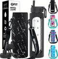 FIT Strong & Healthy 32 oz Glass Water Bottle with Straw Lid - Wide Mouth Borosilicate Glass Water Bottles with Time Marker, Silicone Sleeve & Extra Lid - 1L Large Motivational Drinking Bottle