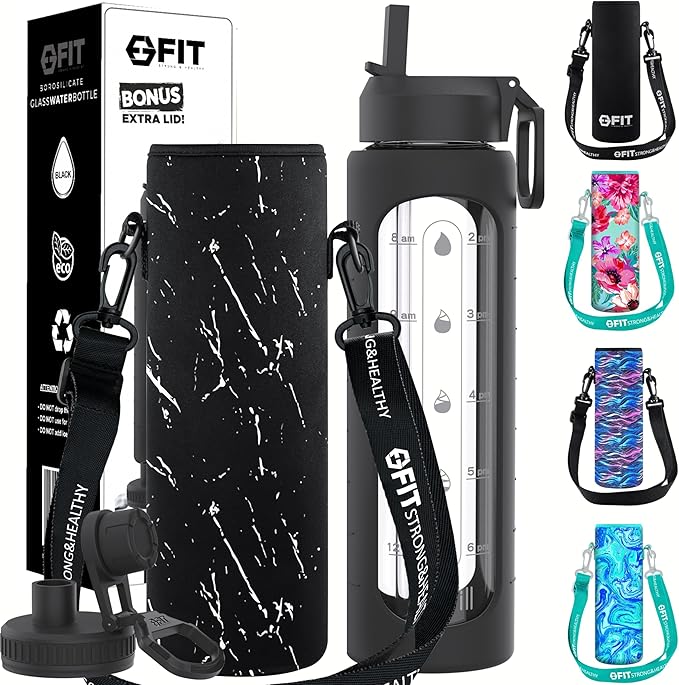 FIT Strong & Healthy 32 oz Glass Water Bottle with Straw Lid - Wide Mouth Borosilicate Glass Water Bottles with Time Marker, Silicone Sleeve & Extra Lid - 1L Large Motivational Drinking Bottle