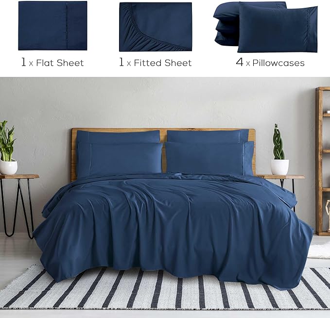 Mueller Ultratemp Bed Sheets Set, Super Soft 1800, 6 Piece California King Sheet Sets, Deep Pocket up to 16", Transfers Heat, Breathes Better, Hypoallergenic, Wrinkle-Resistant, Oeko-TEX, Navy