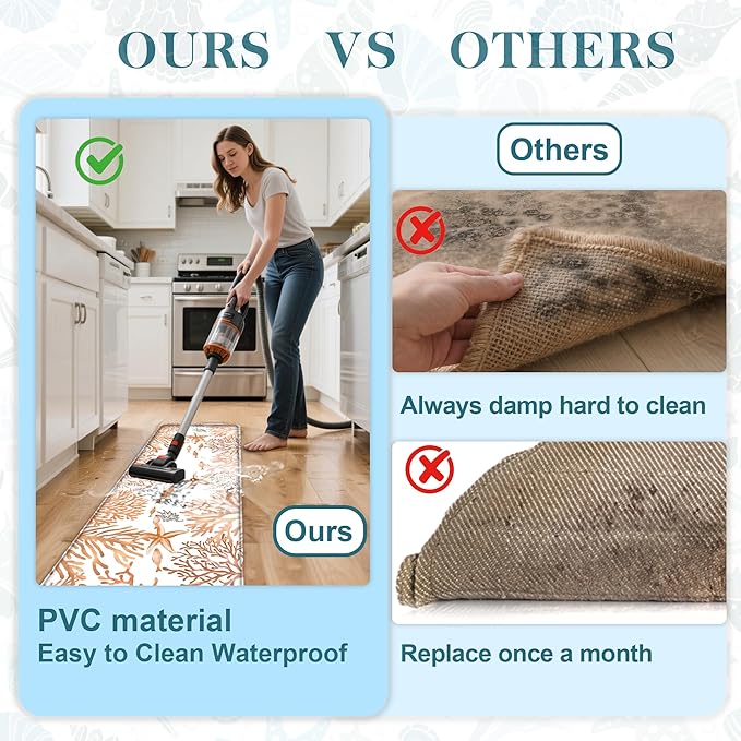 Kitchen Mats for Floor Cushioned Anti Fatigue Sets of 2 Coastal Kitchen Rugs Non Slip Waterproof Nautical Foam Kitchen Floor Rug Beach Theme Coral Fish Comfort Standing Mat for Sink Laundry, Coral