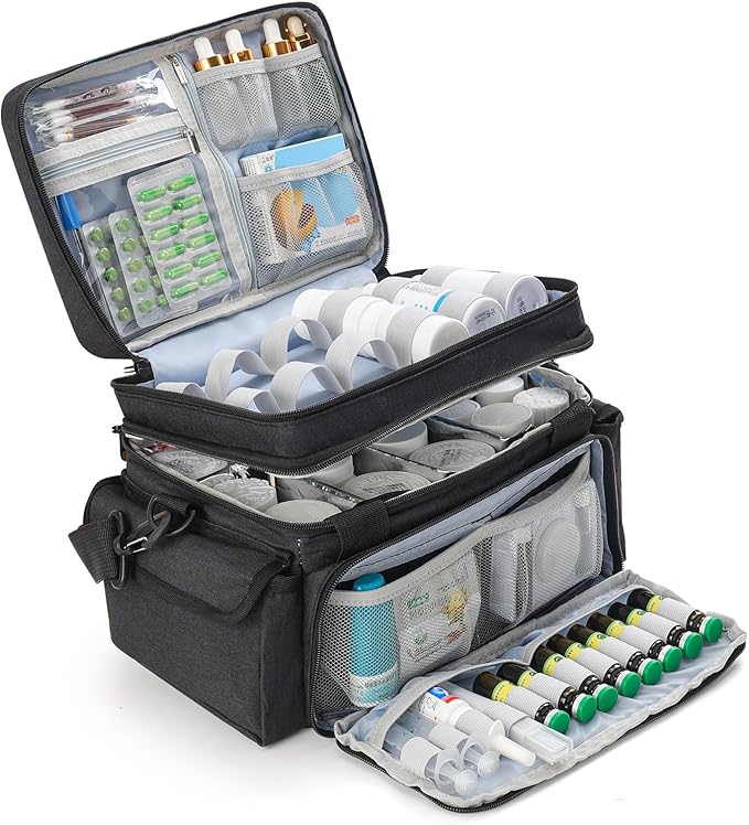 Medicine Organizer with Adjustable Divider, Double-Layer Medicine Bottle organizer Storage, Portable Home Health First Aid Bag, Medicine Organizer Box for Emergency Medications (Bag Only)