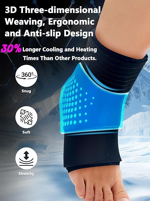 Ankle Ice Pack Wrap for Swelling & Sprains, Reusable Gel Cold Therapy Foot Compress for Achilles Tendonitis, Plantar Fasciitis, Post-Surgery Recovery - Flexible Ergonomic Fit
