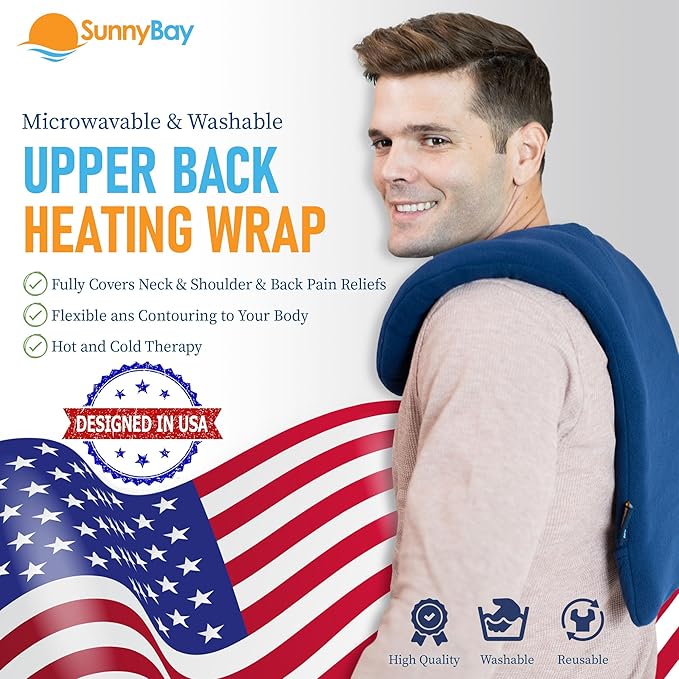 SunnyBay Shoulder and Upper Back Heating Pad, Microwavable Heated Neck and Shoulder Wrap, Weighted Moist Pain Relief Pack with Washable Cover and Flax Seed Filling, Extra Large, Midnight Blue