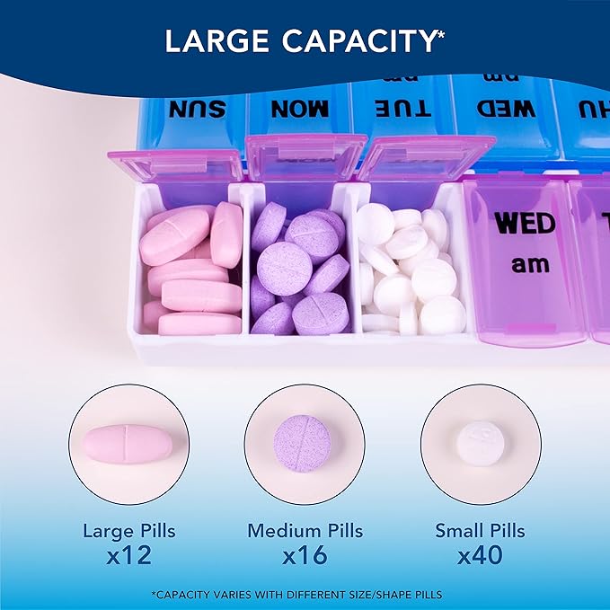 Apex Weekly AM/PM Medication Dispenser, 7-Day Twice-A-Day Pill Organizer with Easy-Open Lids (Color May Vary)