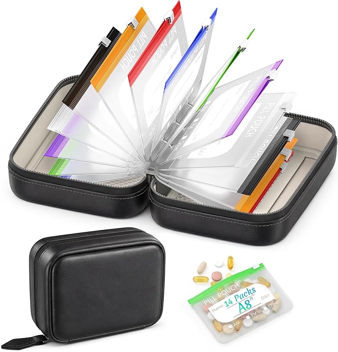 A8 Waterproof Pill Pouch Set, Large Weekly Pill Organizer with 14 Color-Coded Medicine Pouches, Reusable Travel Medicine Organizer, Zippered Pill Storage for Fish Oils, Vitamins（Black）