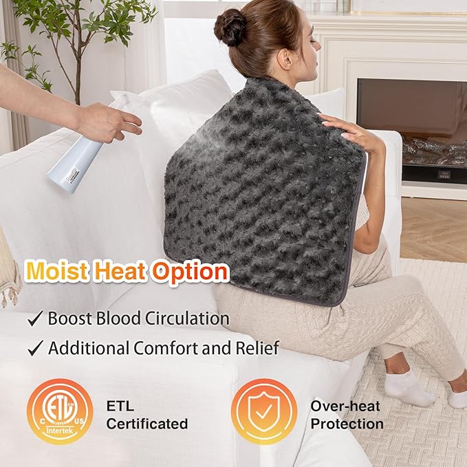 Woomer Faux Fur Electric Heating Pad for Back Pain Relief, Extra Large 20” x 24”, Extended Coverage from Neck to Hip, Two-Sided, Moist Mode, ETL Certified, 6 Adjustable Heats & 2H Auto-Off,Grey