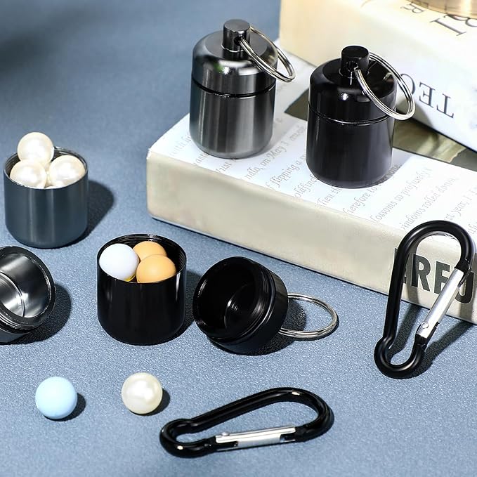 Hicarer 4 Pack Ear Plug Carrying Case, Waterproof Metal Ear Plug Holder with Keychain, Portable Small Pill Case Container for Earplugs, Jewelry, Pill Organizer for Travel or Sports(Black, Gray)