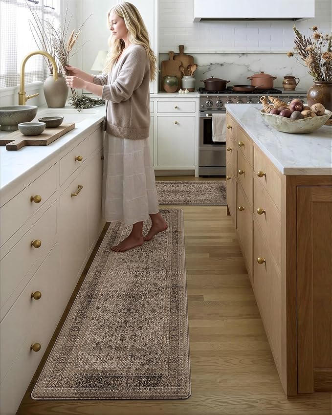 LUMI Anti-Fatigue Kitchen Floor Mats Set of 2,Cushioned Comfort Standing Rug Waterproof 2PCS, Non-Slip Ergonomic Foam Runner for Sink, Laundry, Office & Home,17x29+17x59,Khaki Garden