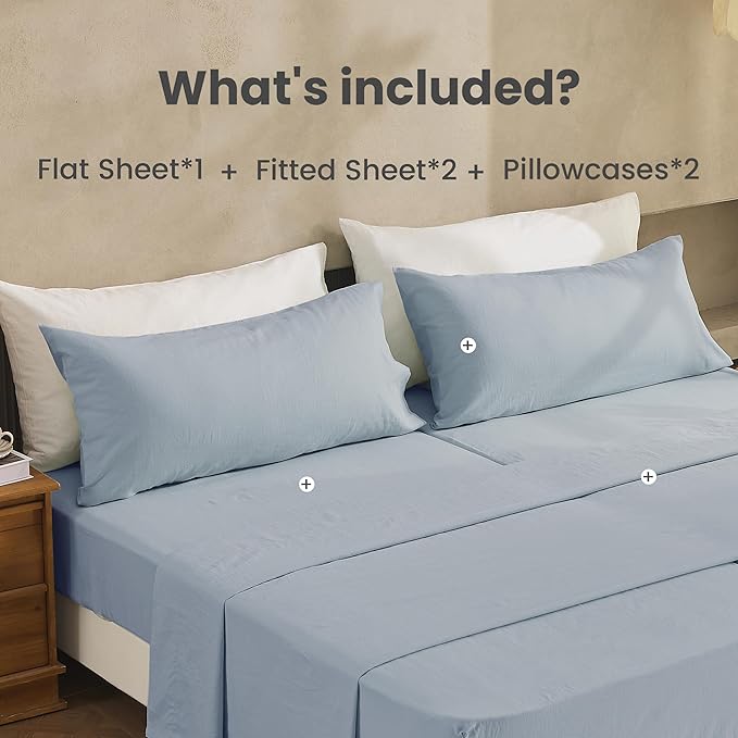 Simple&Opulence Belgian Linen Sheet Set Solid Color - 5 Pieces (1 Flat Sheet, 2 Fitted Sheets & 2 Pillowcases) Natural Flax Cotton Blend Soft Breathable Farmhouse Bedding - Split King Size, Dusty Blue
