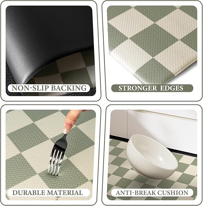 Beige Sage Checkered Grid Checkerboard Kitchen Rug Sets [2 PCs], Anti-Fatigue, Waterproof Non-Slip Kitchen Mats Heavy Duty Comfort Foam Rug for Kitchen, Floor, Laundry,17" x59“
