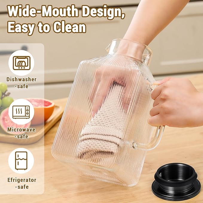 1 Gallon Square Glass Pitcher with Lid, Classic Stripes Water Pitchers for Fridge, Borosilicate Glass Carafe for Hot/Cold Brew Drink, Extra Large Jug with Handle for Iced Tea, Coffee, Juice, Black