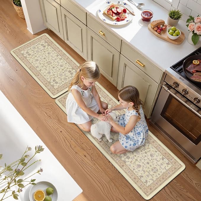 KIMODE Cushioned Padded Kitchen Mats for Floor,Anti Fatigue Memory Foam Kitchen Mat Waterproof,Boho Vintage Kitchen Rugs Sets of 2 Non Slip for Laundry Office Home Decor,Beige